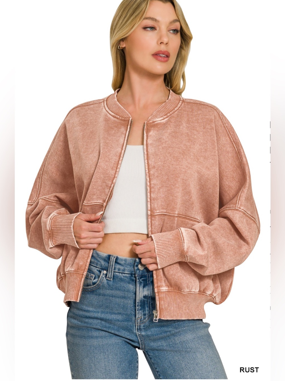 Zenana Rust Acid Wash Fleece Jacket